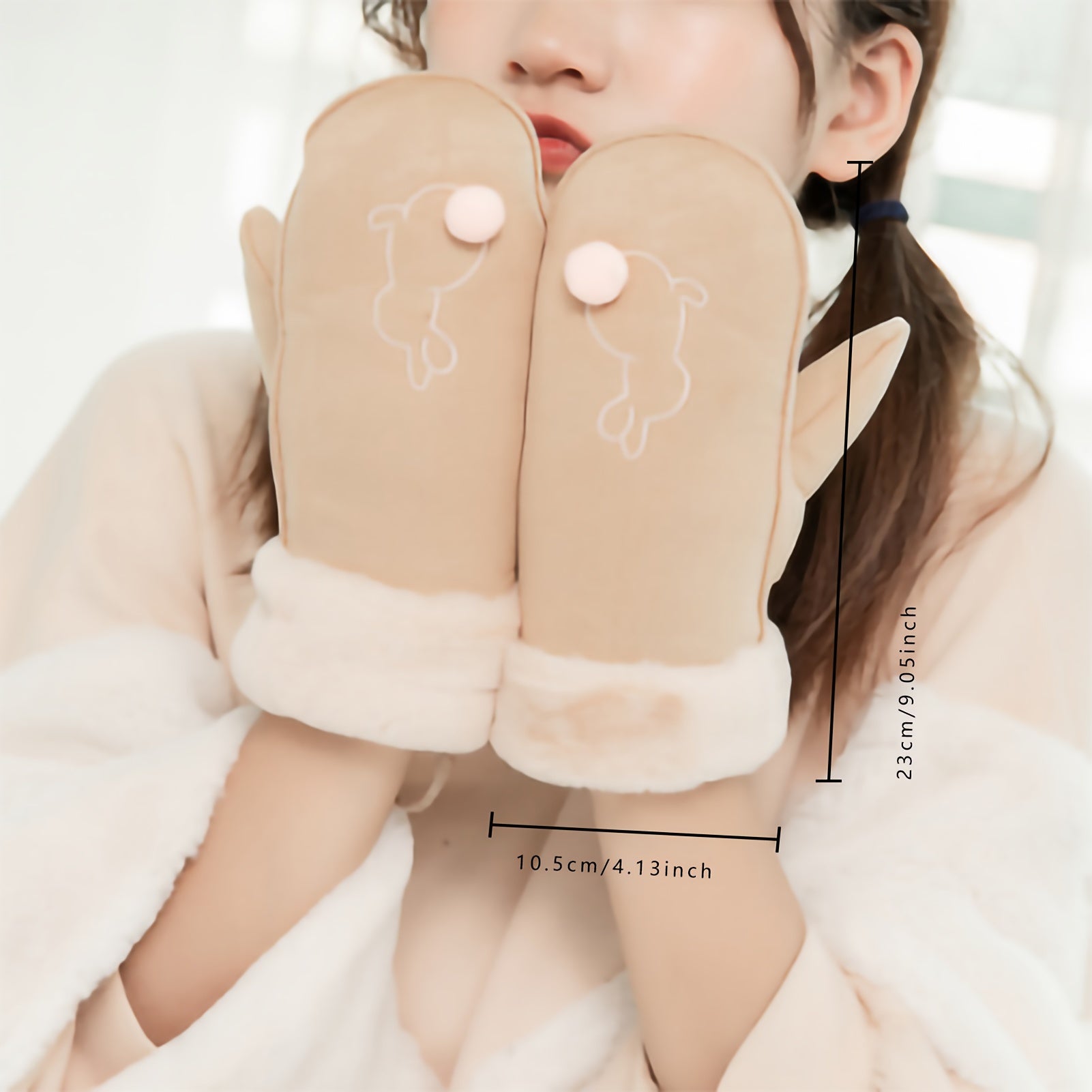 Plush Cuff Mittens Cute Cartoon Embroidered Gloves Winter Thick Warm Hanging Neck Gloves For Women